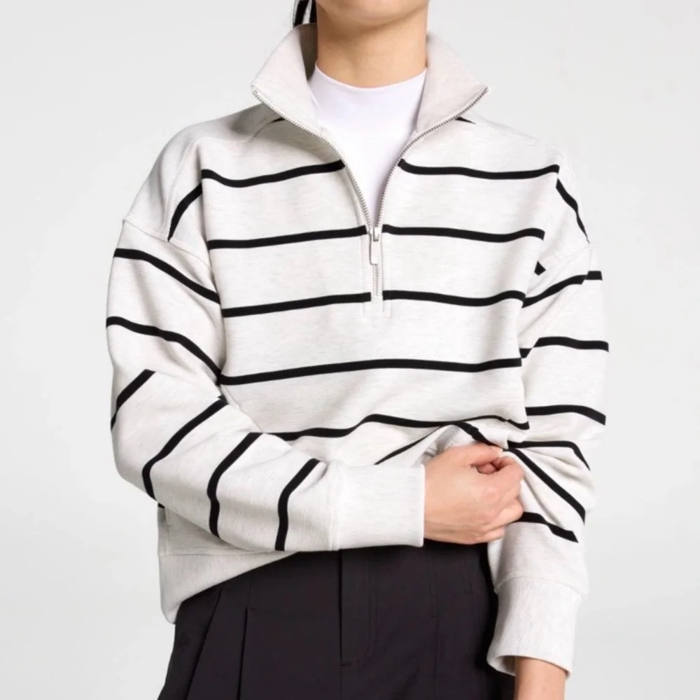 (NWT) CALIA Soft Scuba Ottoman Mock Neck 1/4 Zip in Cloud Cover Heather Stripe - Picture 3 of 16